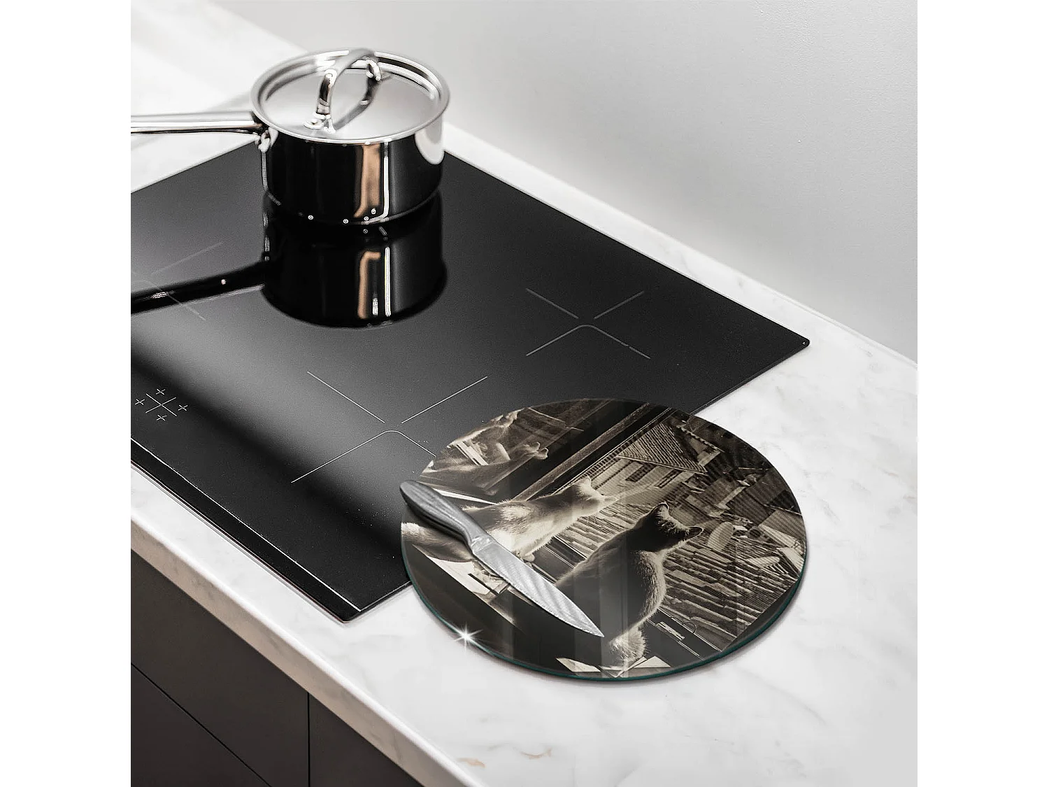 Planche de cuisine ronde en verre 30 cm Chats ville et fenêtre