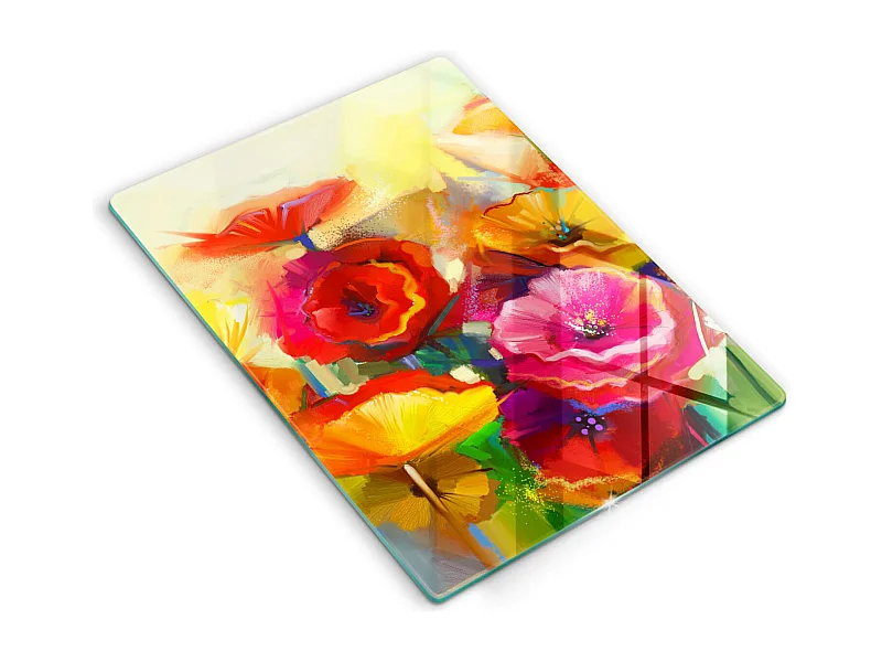 Rechteckiges Küchenbrett aus Glas, 40x52 cm. Bunt bemalte Blumen