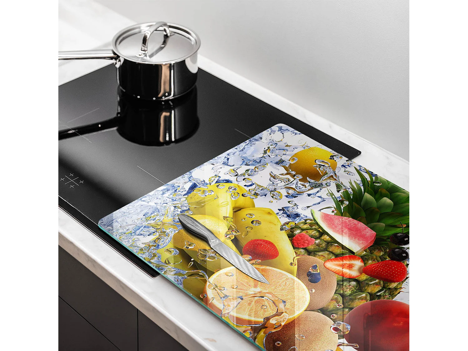 Rechteckiges Küchenbrett aus Glas, 80x52 cm Saftige Früchte und Wasser