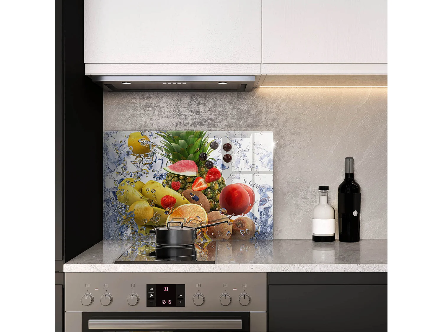 Rechteckiges Küchenbrett aus Glas, 80x52 cm Saftige Früchte und Wasser