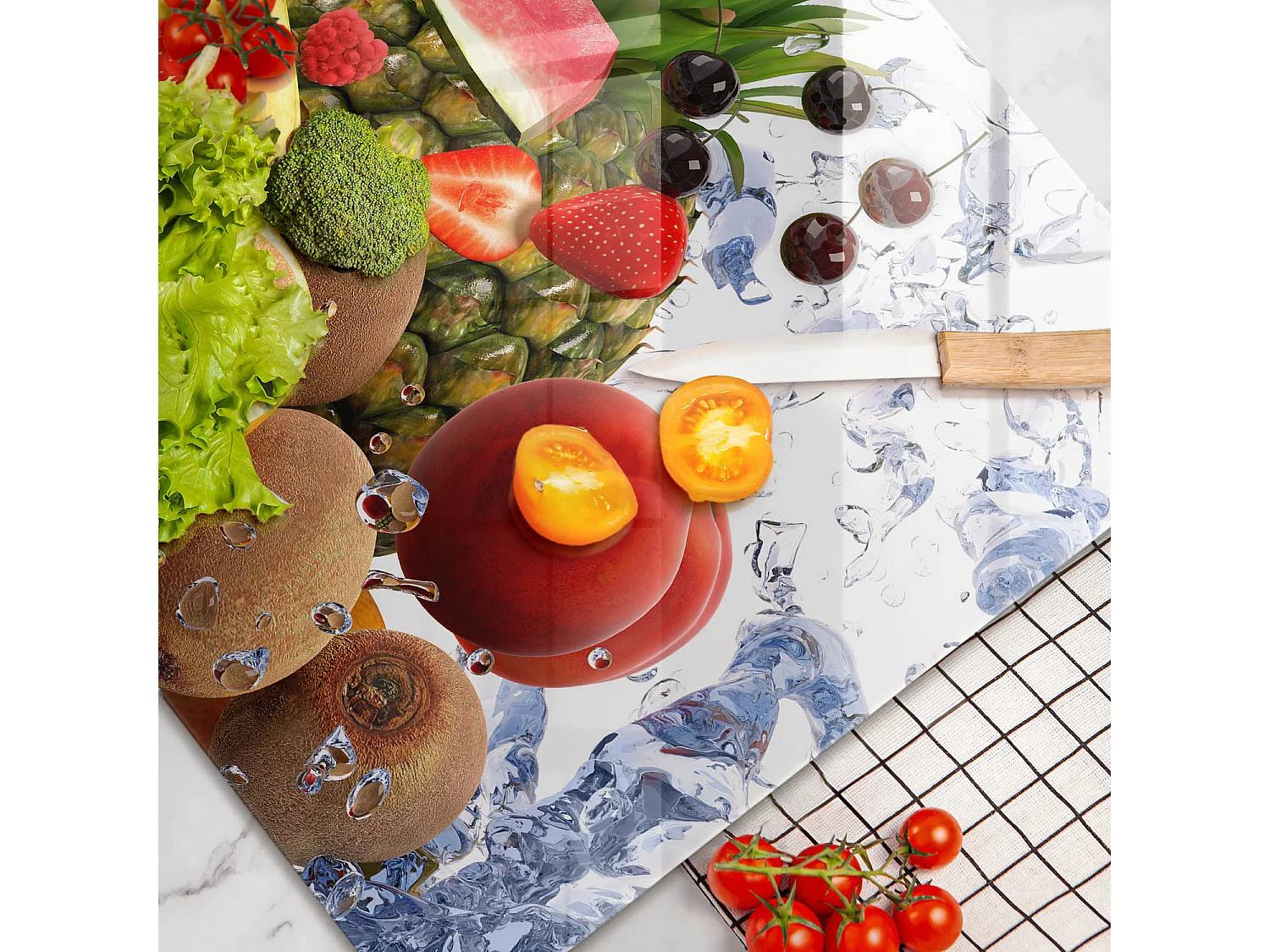 Rechteckiges Küchenbrett aus Glas, 80x52 cm Saftige Früchte und Wasser