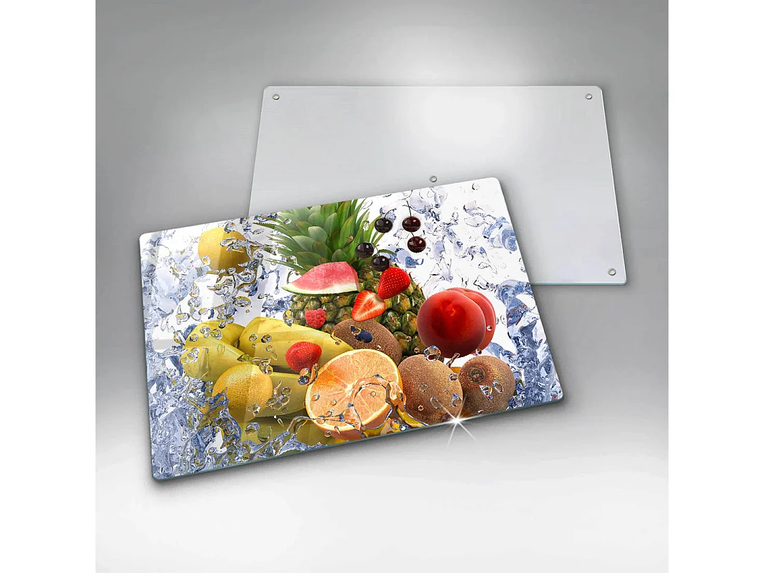 Rechteckiges Küchenbrett aus Glas, 80x52 cm Saftige Früchte und Wasser
