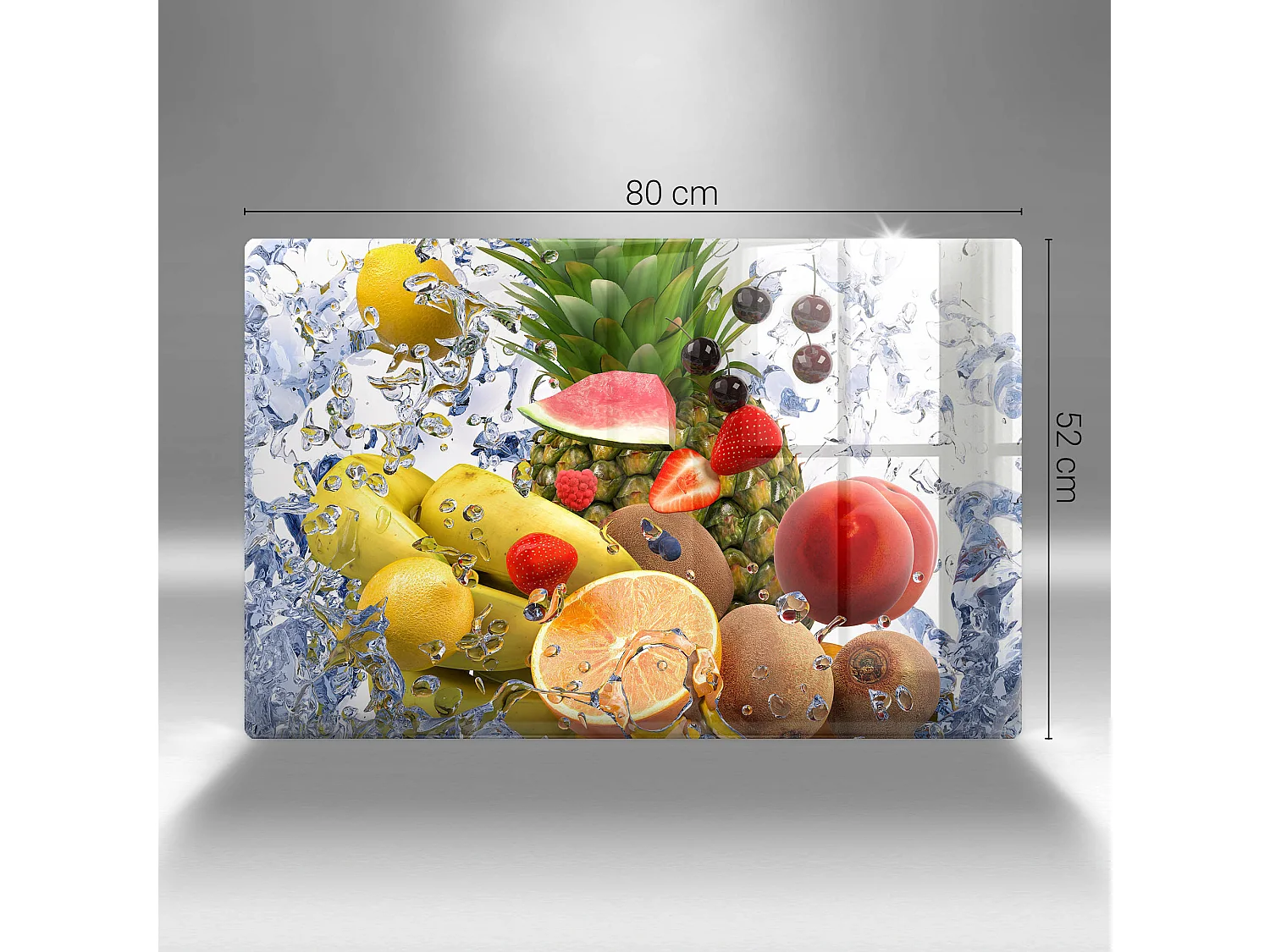 Rechteckiges Küchenbrett aus Glas, 80x52 cm Saftige Früchte und Wasser