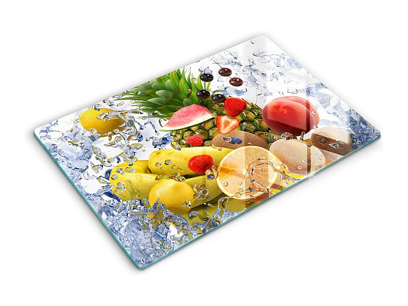 Rechteckiges Küchenbrett aus Glas, 80x52 cm Saftige Früchte und Wasser