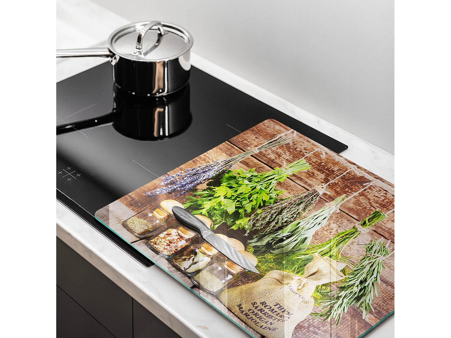Planche de cuisine rectangulaire en verre, 60x52 cm Herbes, épices et bois
