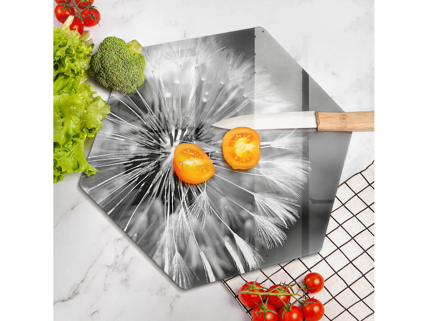 Zeshoekig glazen keukenbord, 40 cm Delicate Paardebloem