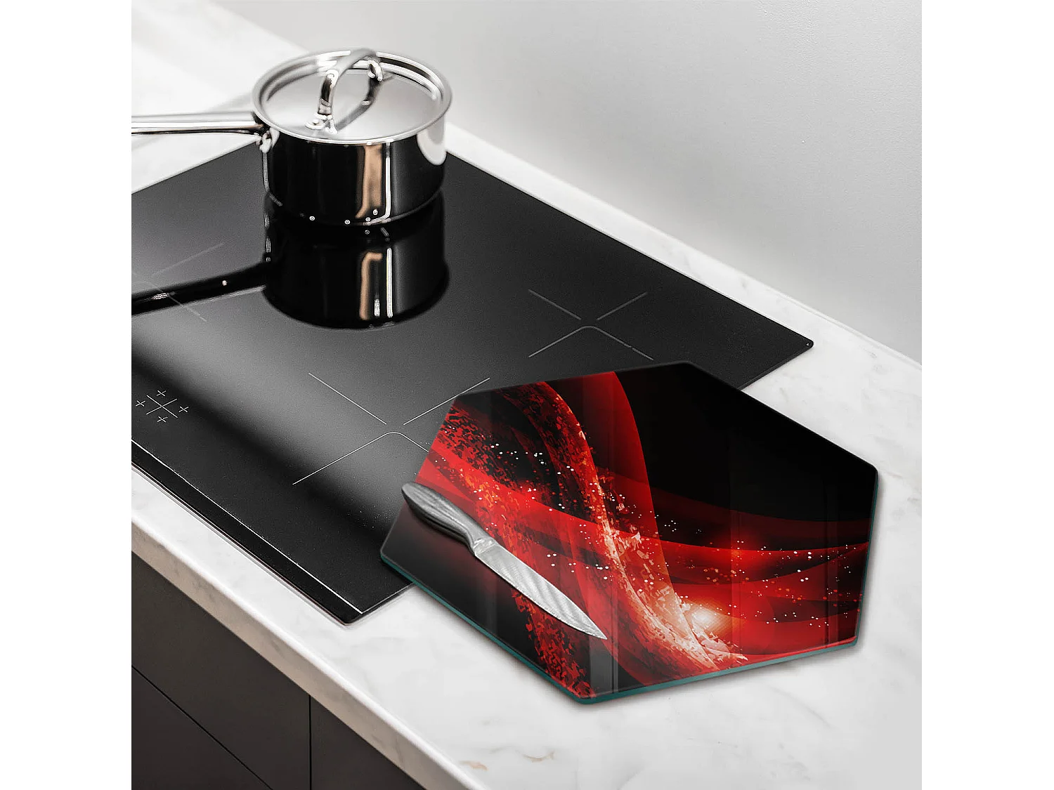 Sechseckiges Küchenbrett aus Glas, 40 cm Moderne Abstraktion