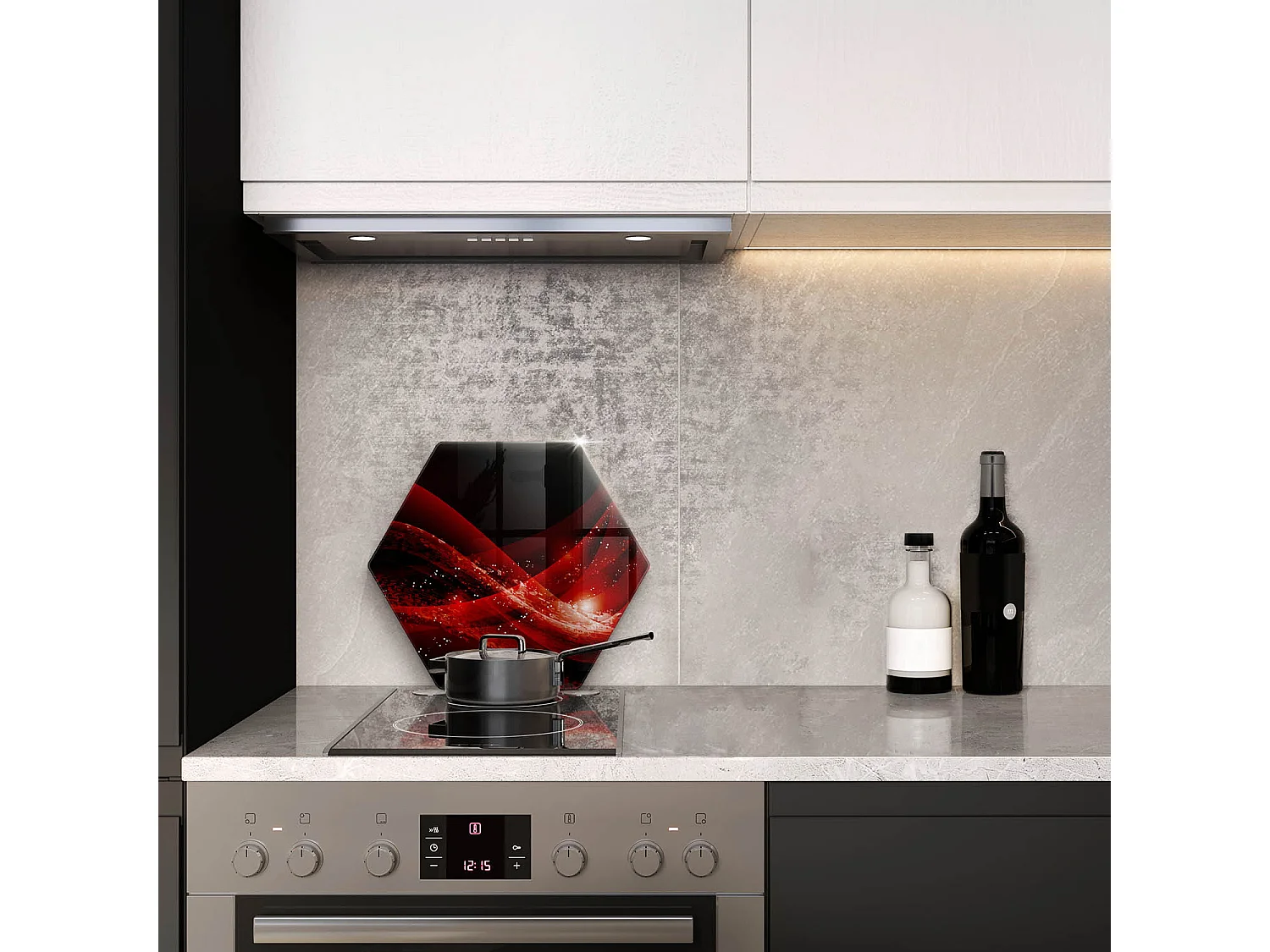 Sechseckiges Küchenbrett aus Glas, 40 cm Moderne Abstraktion