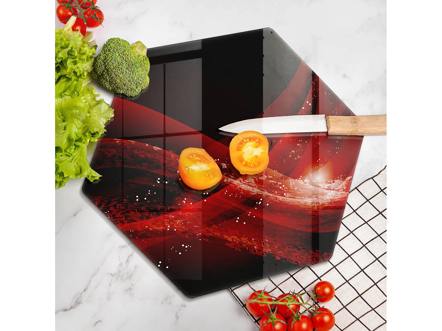 Sechseckiges Küchenbrett aus Glas, 40 cm Moderne Abstraktion