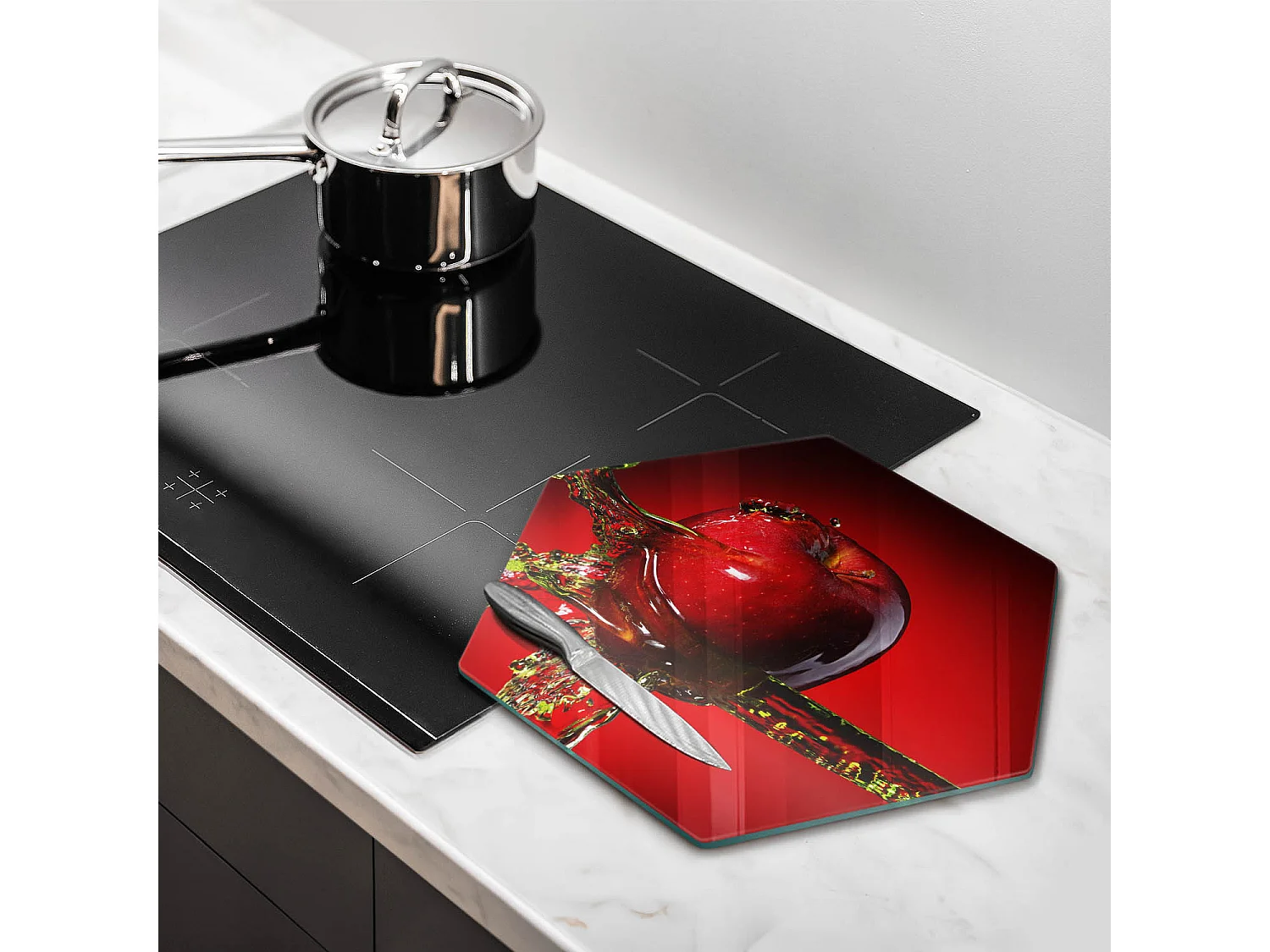 Zeshoekig glazen keukenbord, 40 cm Fruit: appel in water