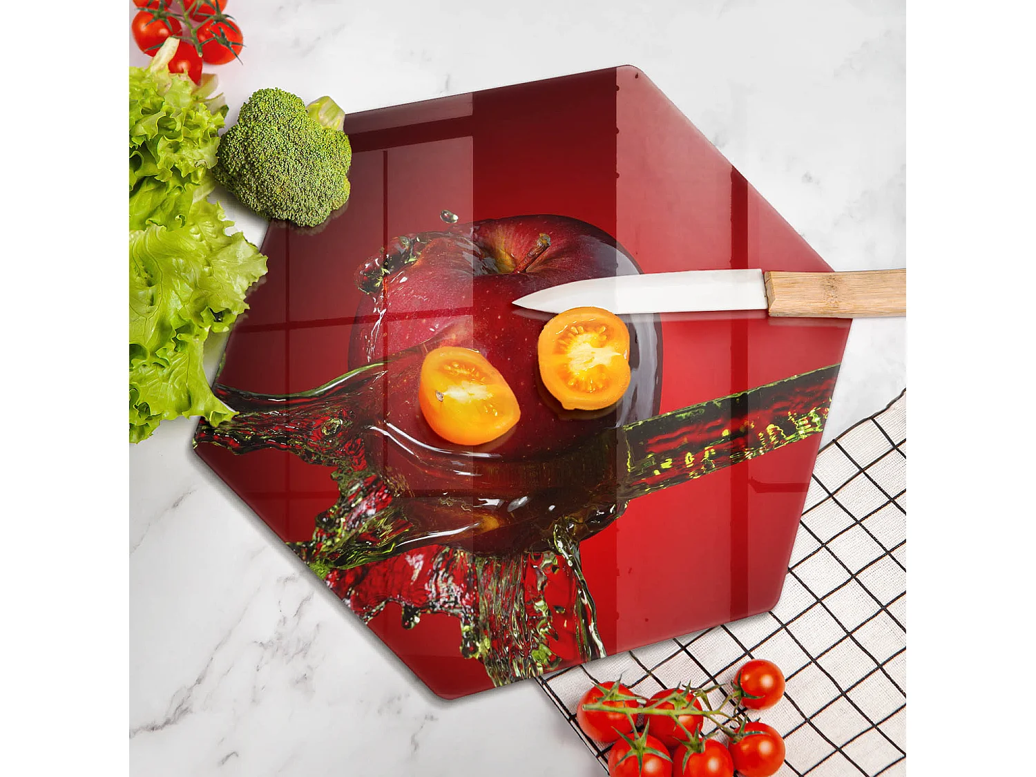 Zeshoekig glazen keukenbord, 40 cm Fruit: appel in water