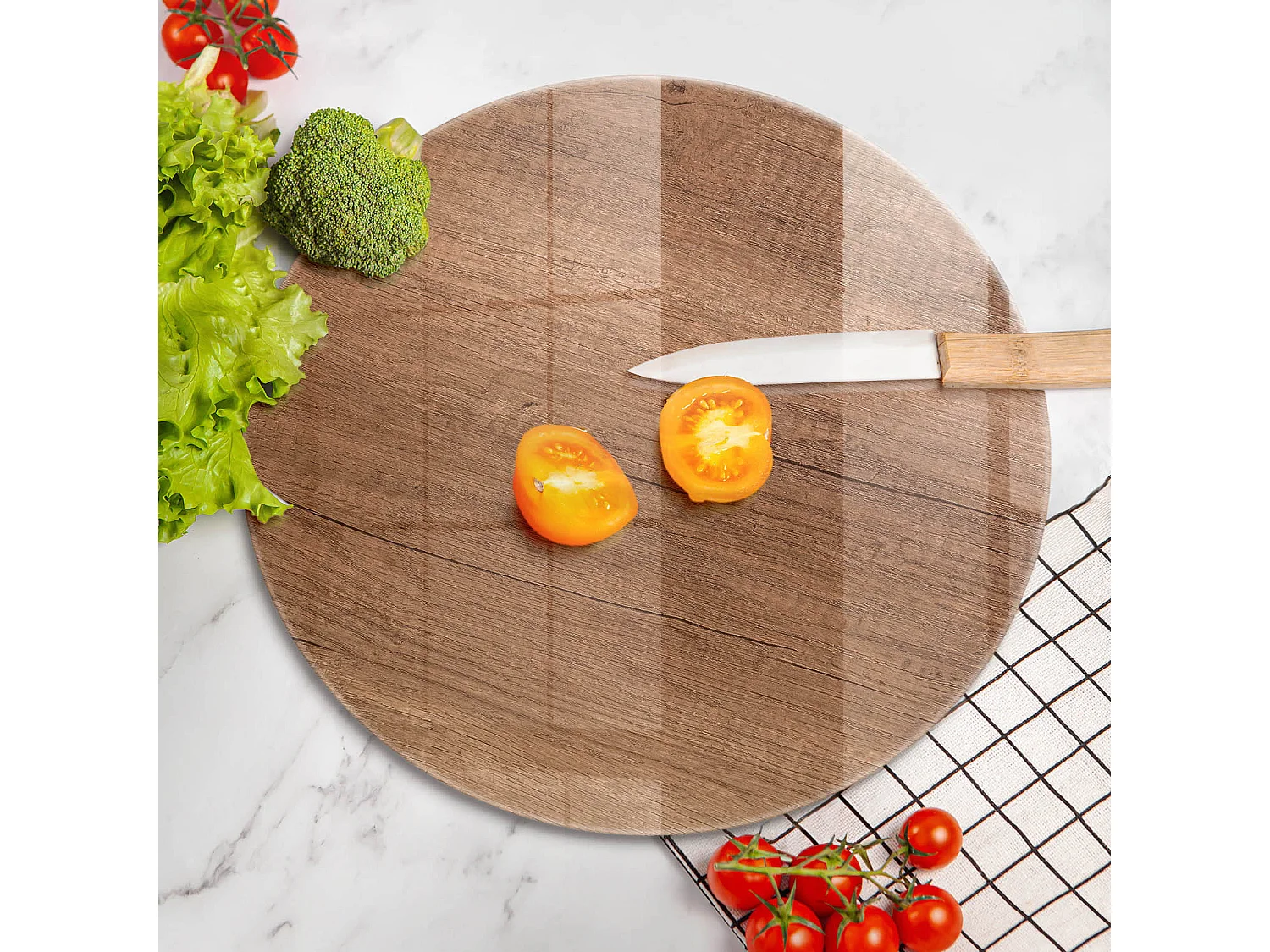 Rundes Küchenbrett aus Glas, 40 cm, Holzstruktur