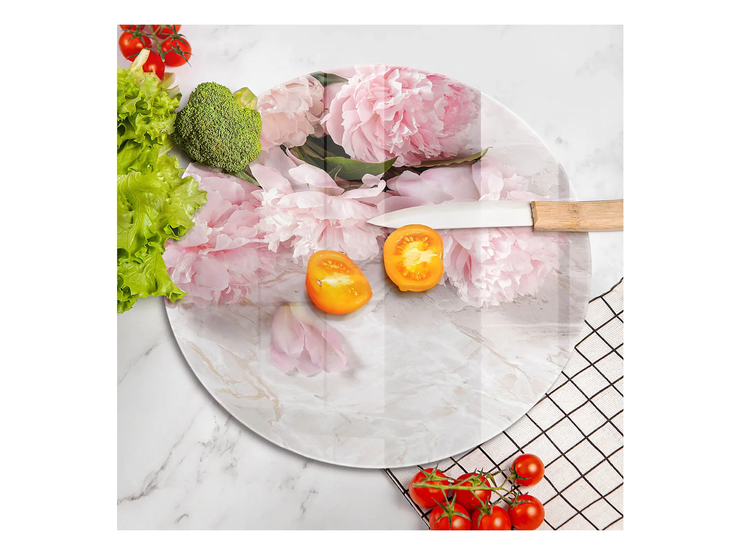 Planche de cuisine ronde en verre, 40 cm Fleurs roses délicates