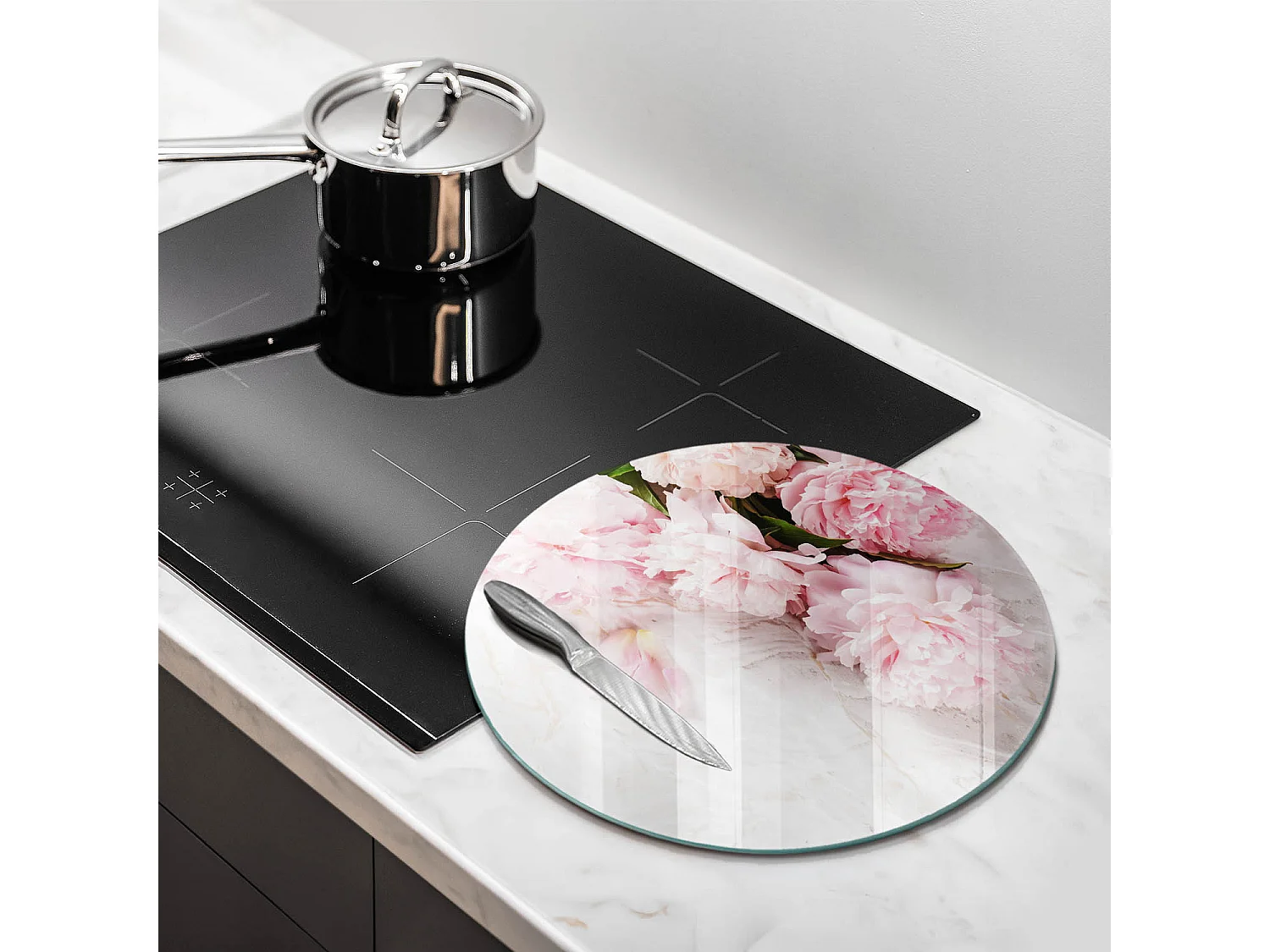 Planche de cuisine ronde en verre, 40 cm Fleurs roses délicates