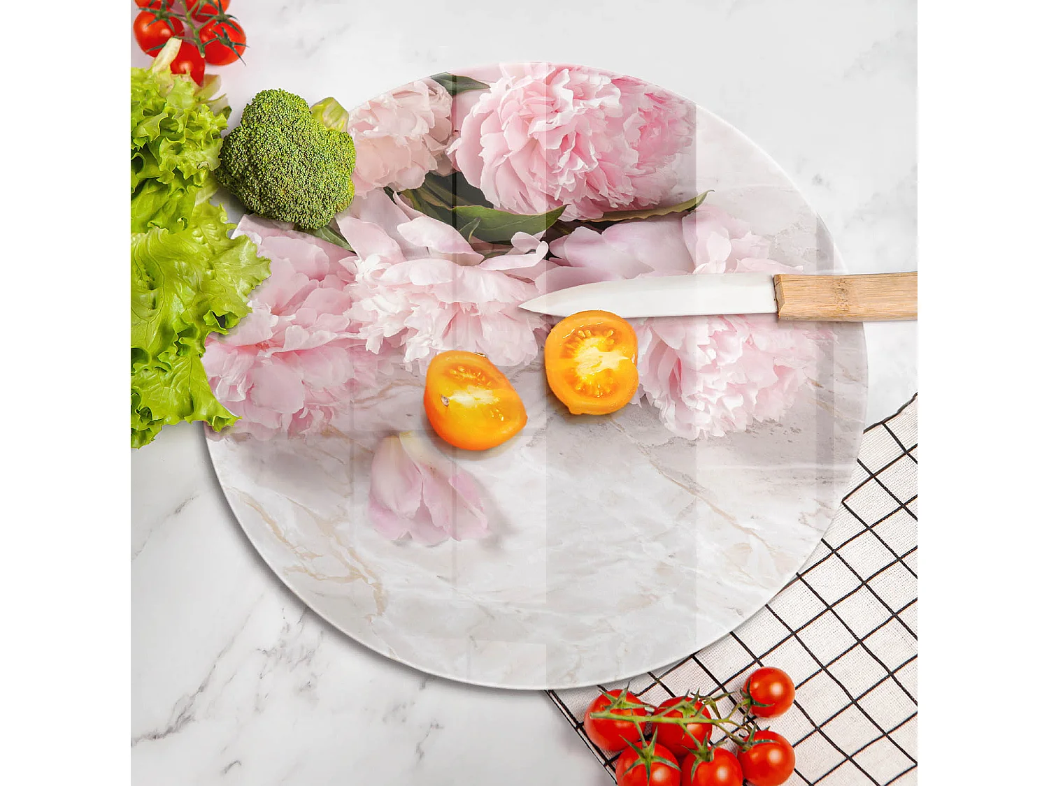Planche de cuisine ronde en verre, 40 cm Fleurs roses délicates