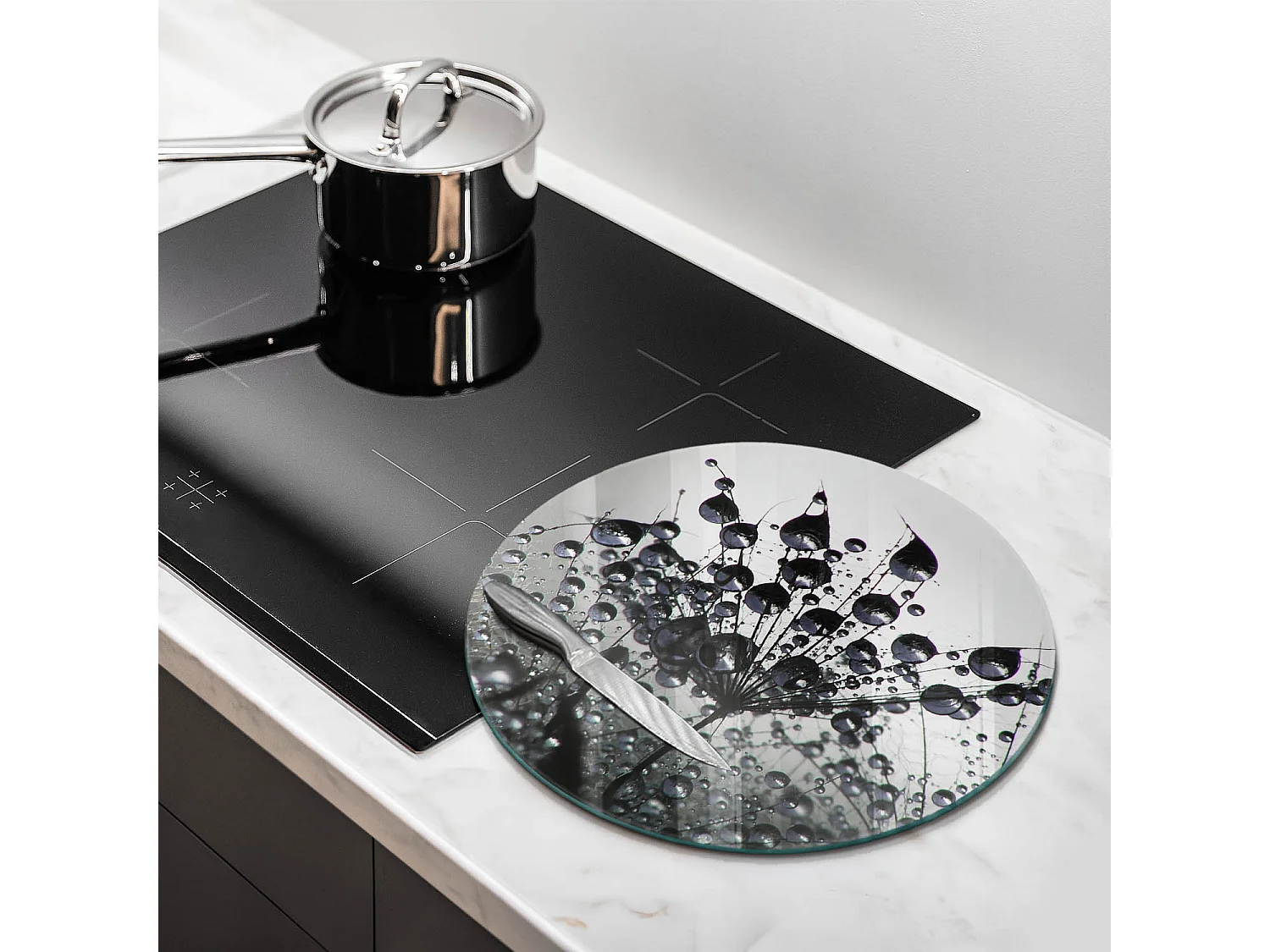 Rundes Küchenbrett aus Glas, 40 cm Löwenzahn und Tau