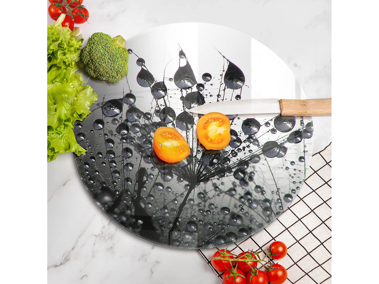 Rundes Küchenbrett aus Glas, 40 cm Löwenzahn und Tau