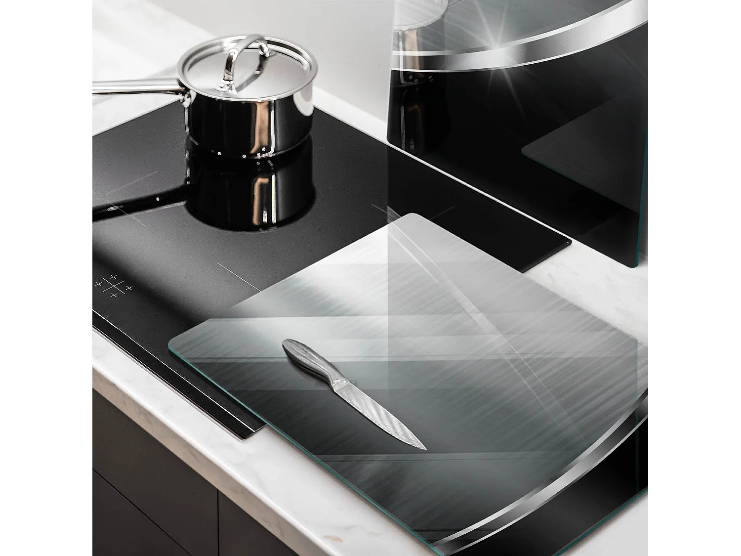 Rechteckiges Küchenbrett aus Glas, 2 Stück 40x52 cm Abstraktion mit Metall