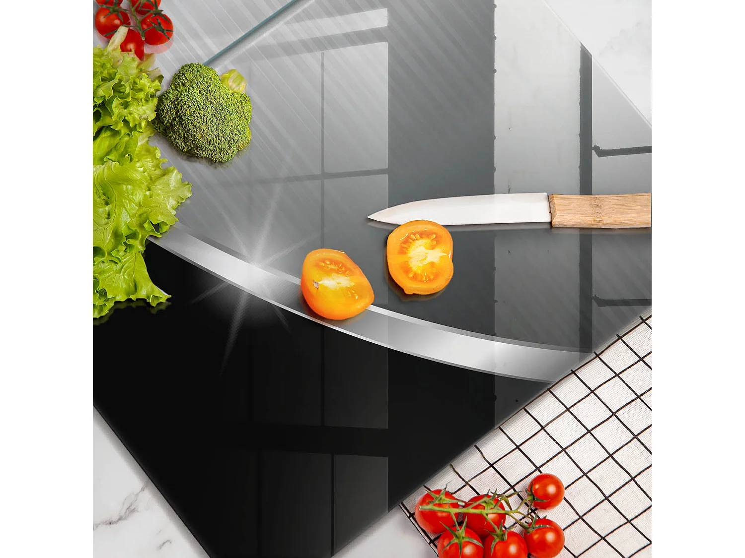 Rechteckiges Küchenbrett aus Glas, 2 Stück 40x52 cm Abstraktion mit Metall