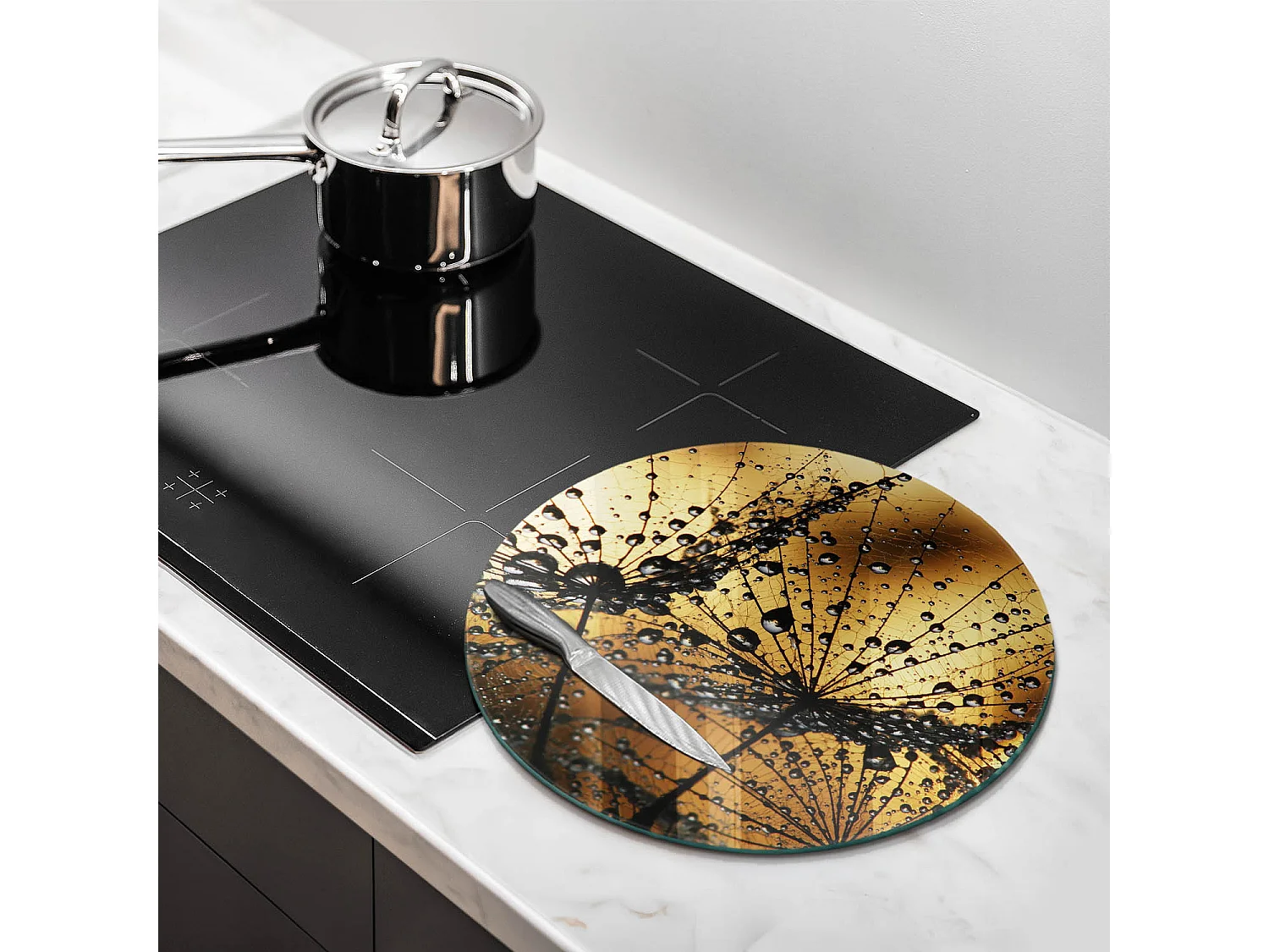 Tagliere da cucina rotondo in vetro, 40 cm, Rosa e denti di leone