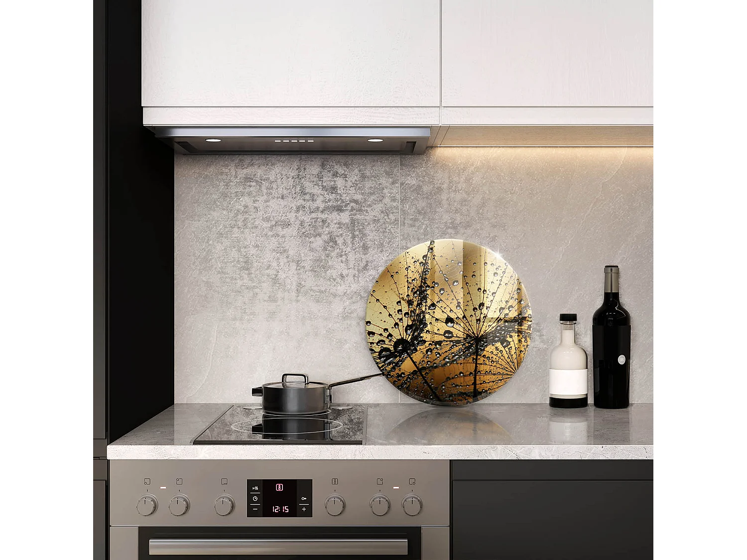 Tagliere da cucina rotondo in vetro, 40 cm, Rosa e denti di leone