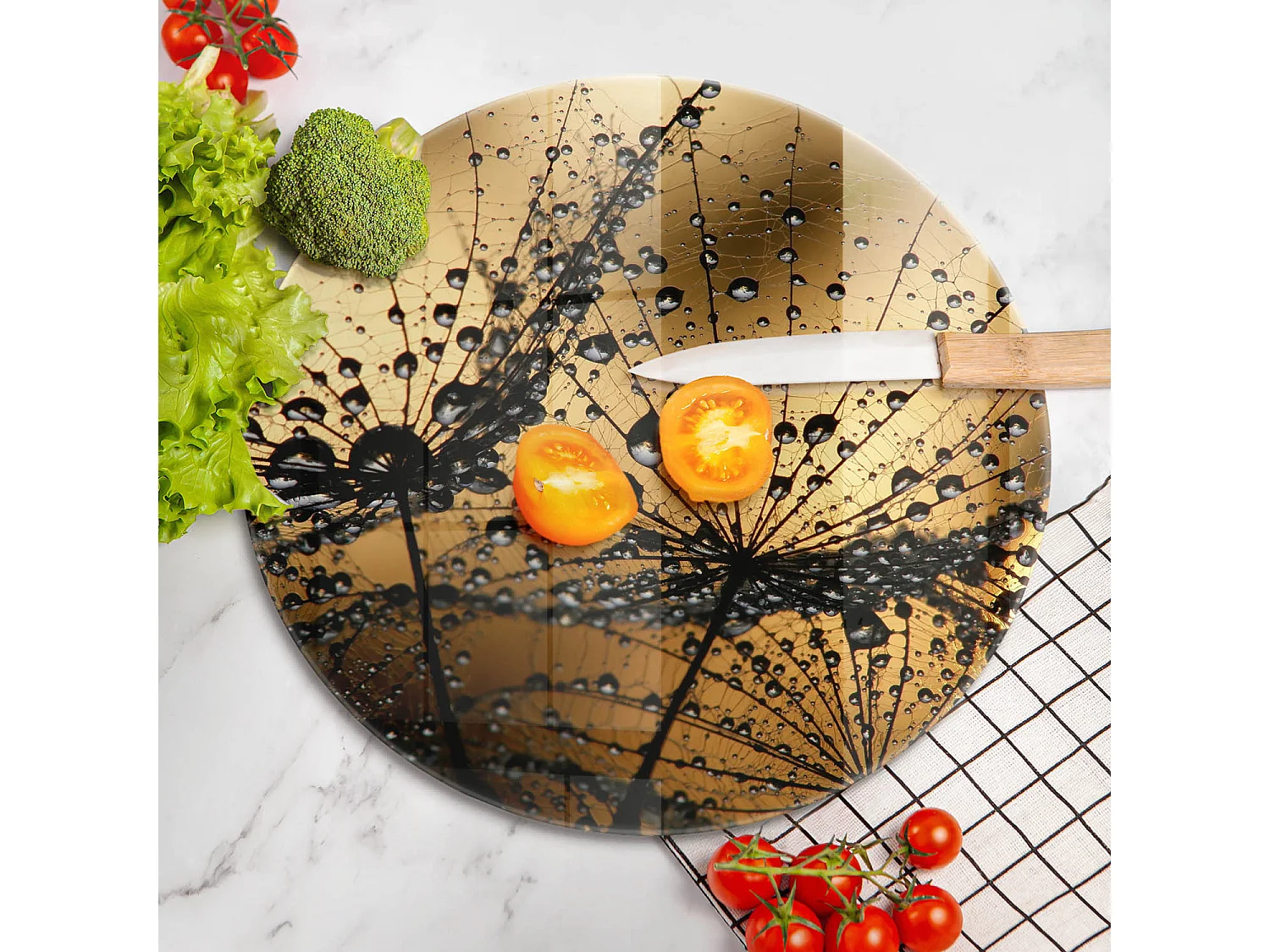 Tagliere da cucina rotondo in vetro, 40 cm, Rosa e denti di leone