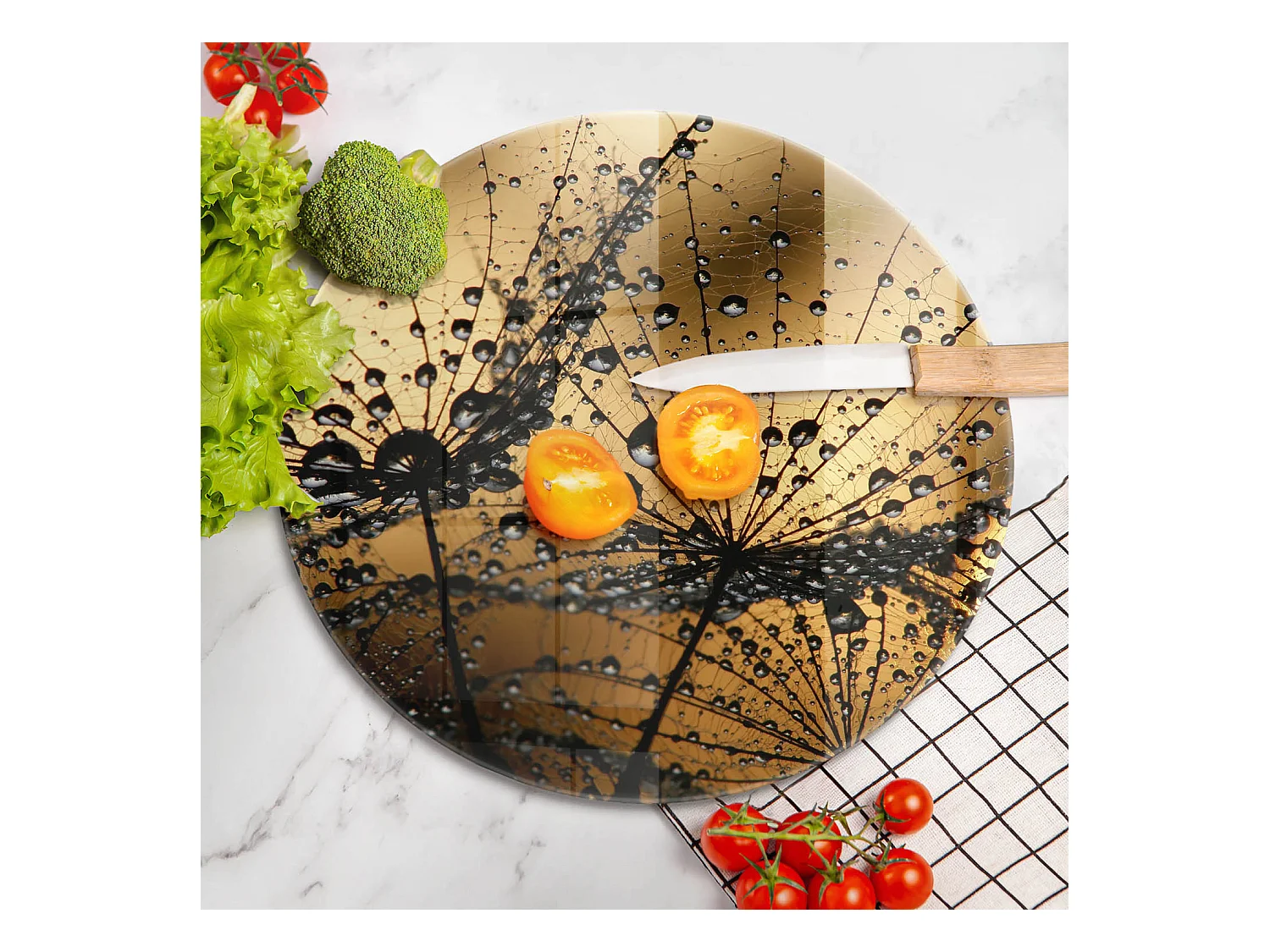 Planche de cuisine ronde en verre, 40 cm, Rosa et pissenlits