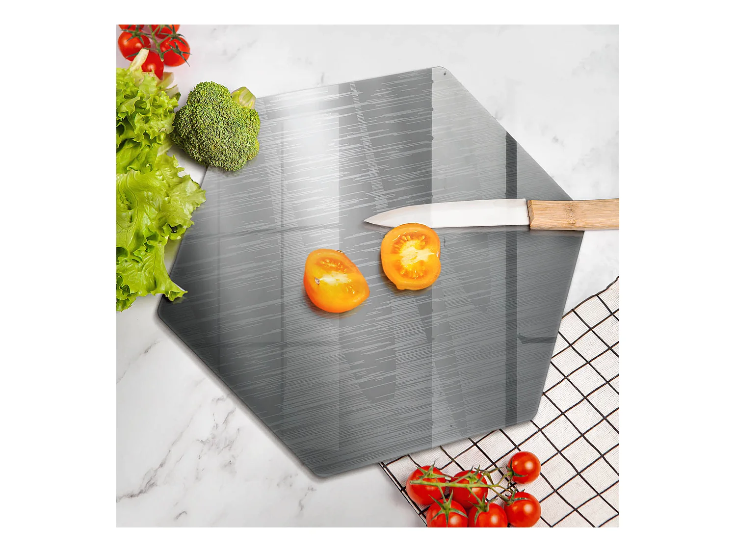 Planche de cuisine hexagonale en verre, 40 cm, texture métal