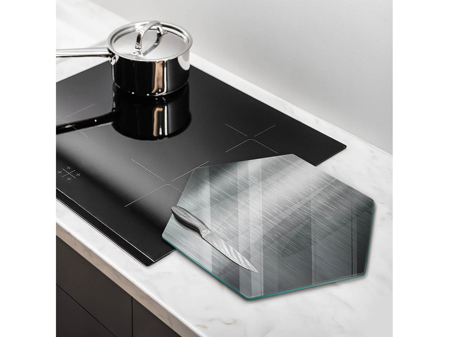 Planche de cuisine hexagonale en verre, 40 cm, texture métal