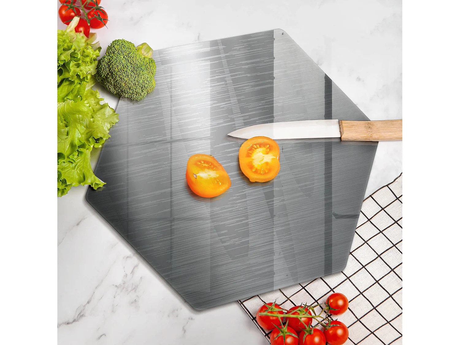 Planche de cuisine hexagonale en verre, 40 cm, texture métal