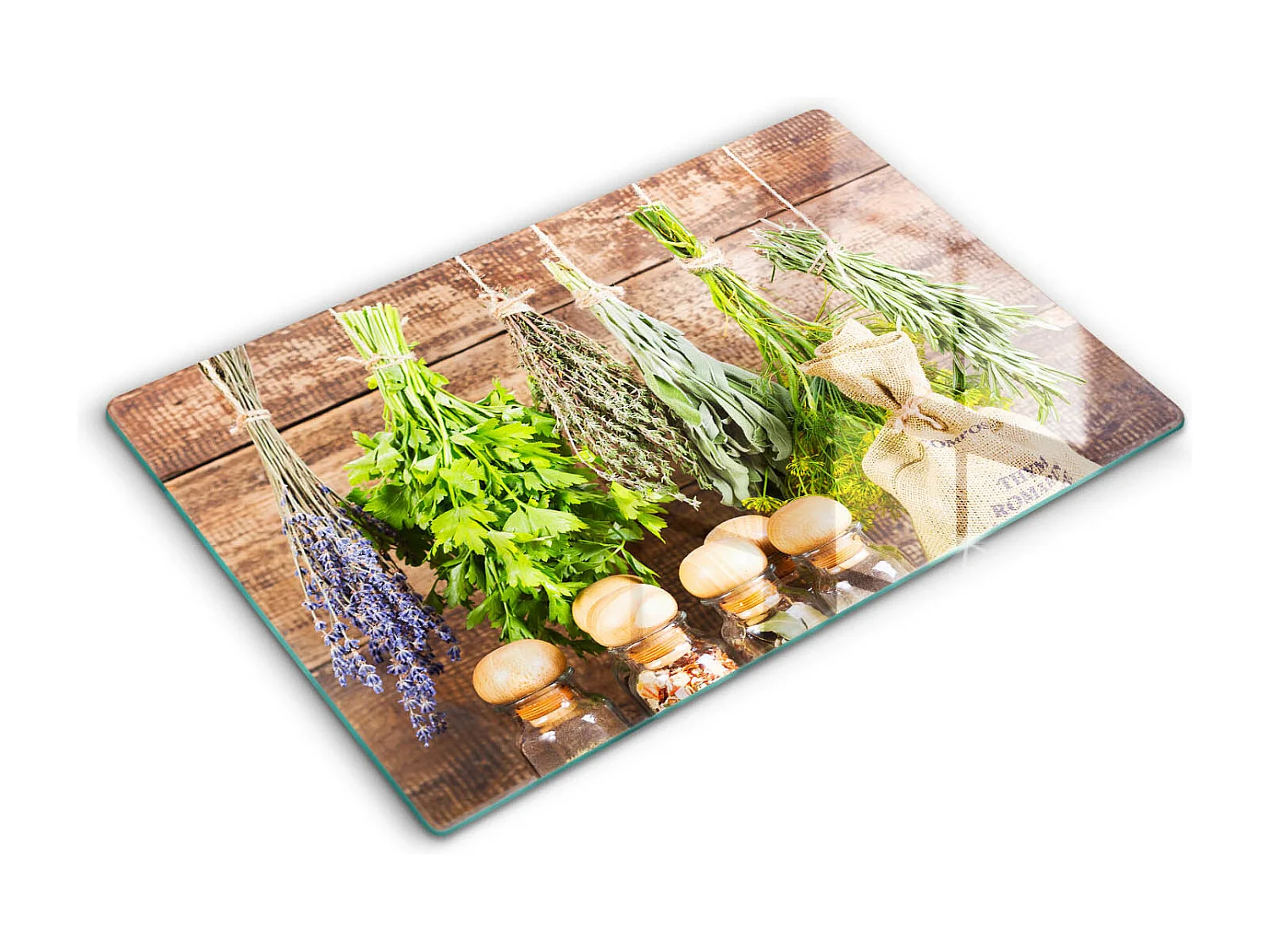 Rechteckiges Küchenbrett aus Glas, 80x52 cm Kräuter, Gewürze und Holz