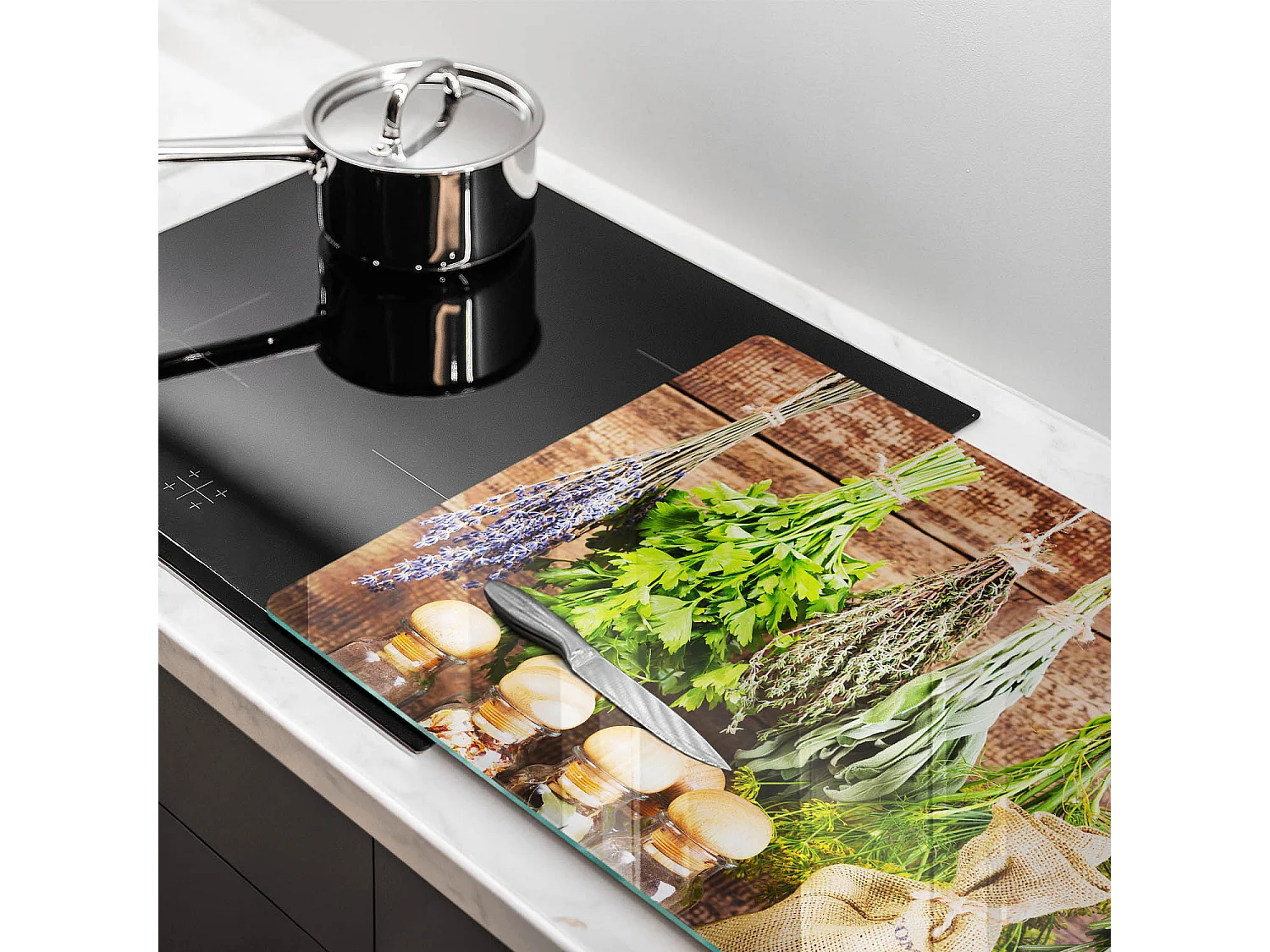 Rechteckiges Küchenbrett aus Glas, 80x52 cm Kräuter, Gewürze und Holz