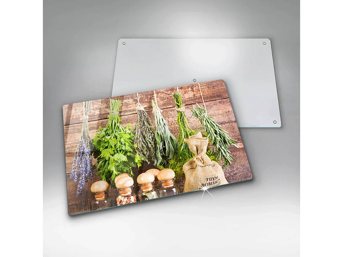 Rechteckiges Küchenbrett aus Glas, 80x52 cm Kräuter, Gewürze und Holz