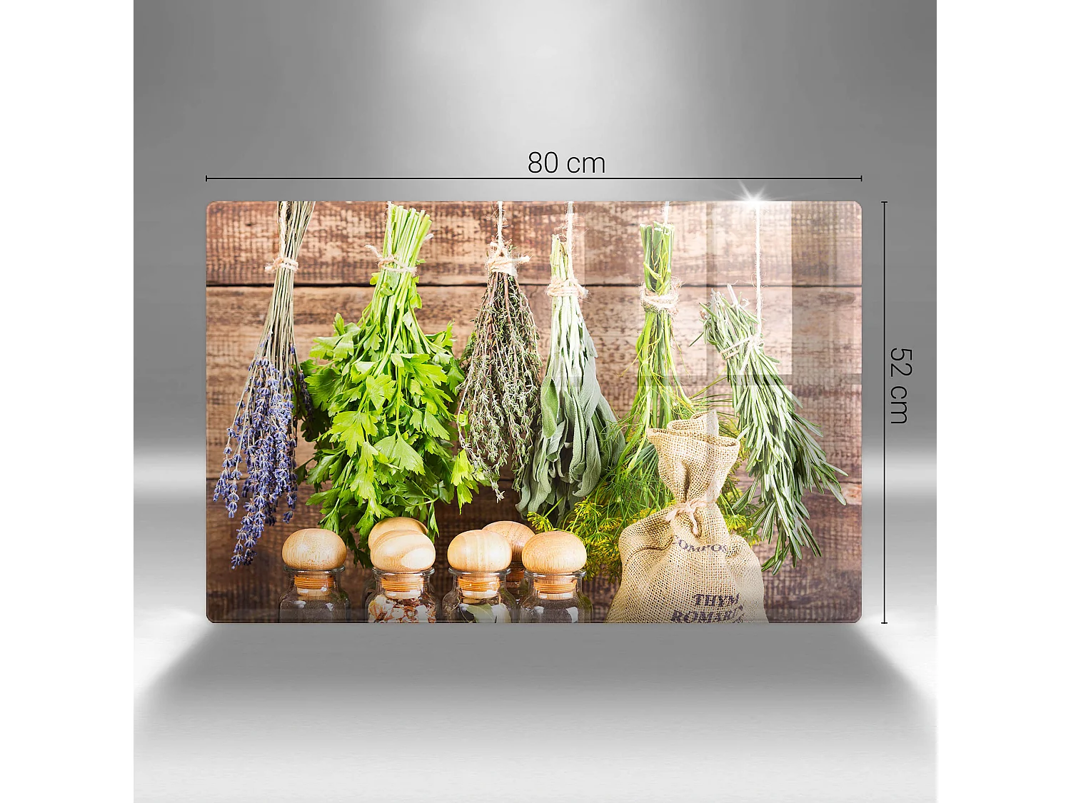 Rechteckiges Küchenbrett aus Glas, 80x52 cm Kräuter, Gewürze und Holz