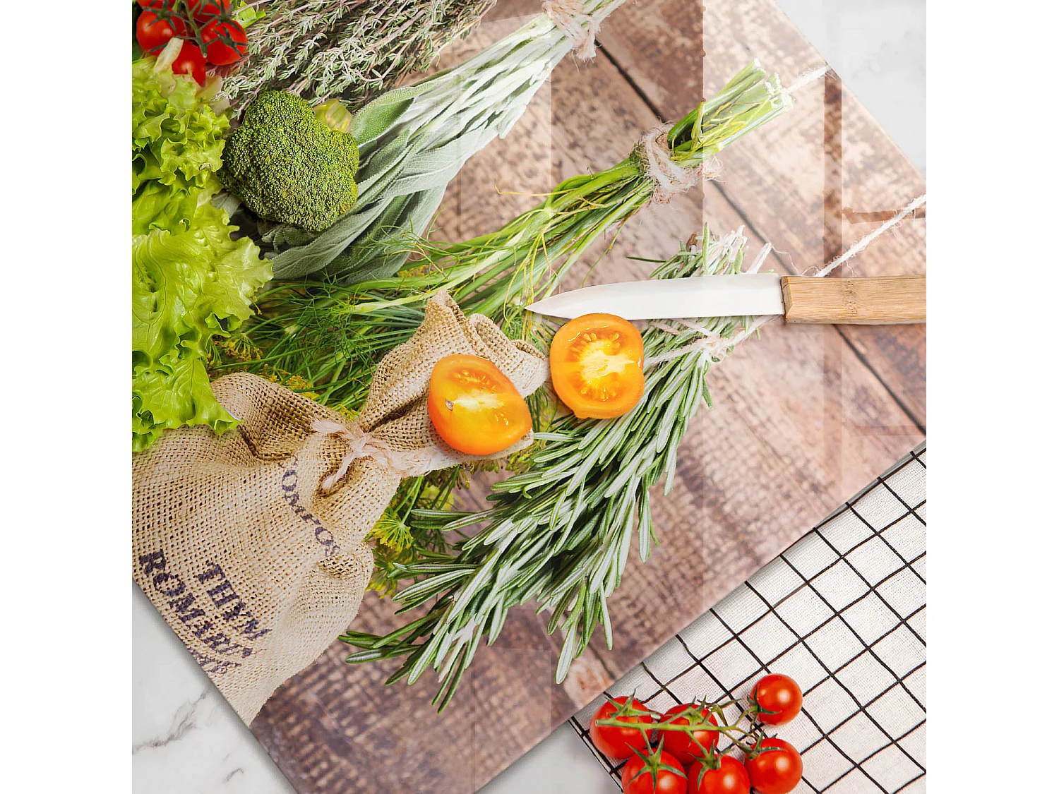 Planche de cuisine rectangulaire en verre, 80x52 cm Herbes, épices et bois