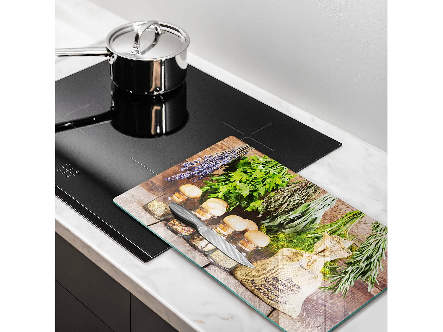 Tagliere da cucina rettangolare in vetro, 52x30 cm Erbe, spezie e legno