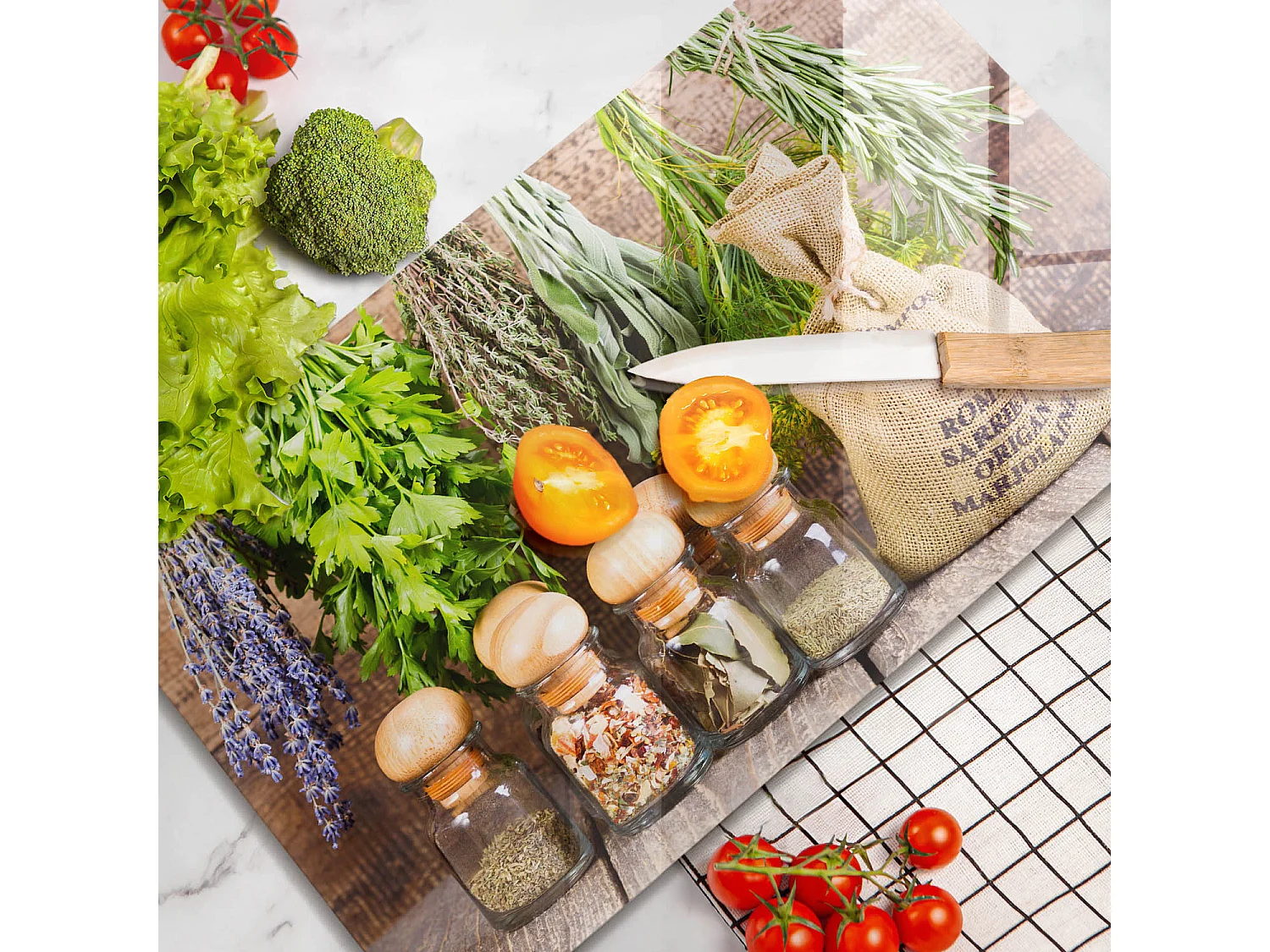 Tagliere da cucina rettangolare in vetro, 52x30 cm Erbe, spezie e legno