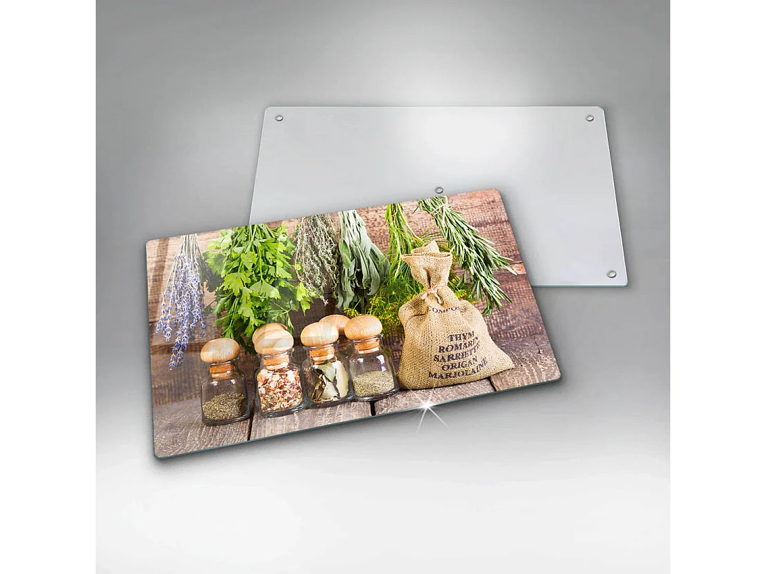 Tagliere da cucina rettangolare in vetro, 52x30 cm Erbe, spezie e legno