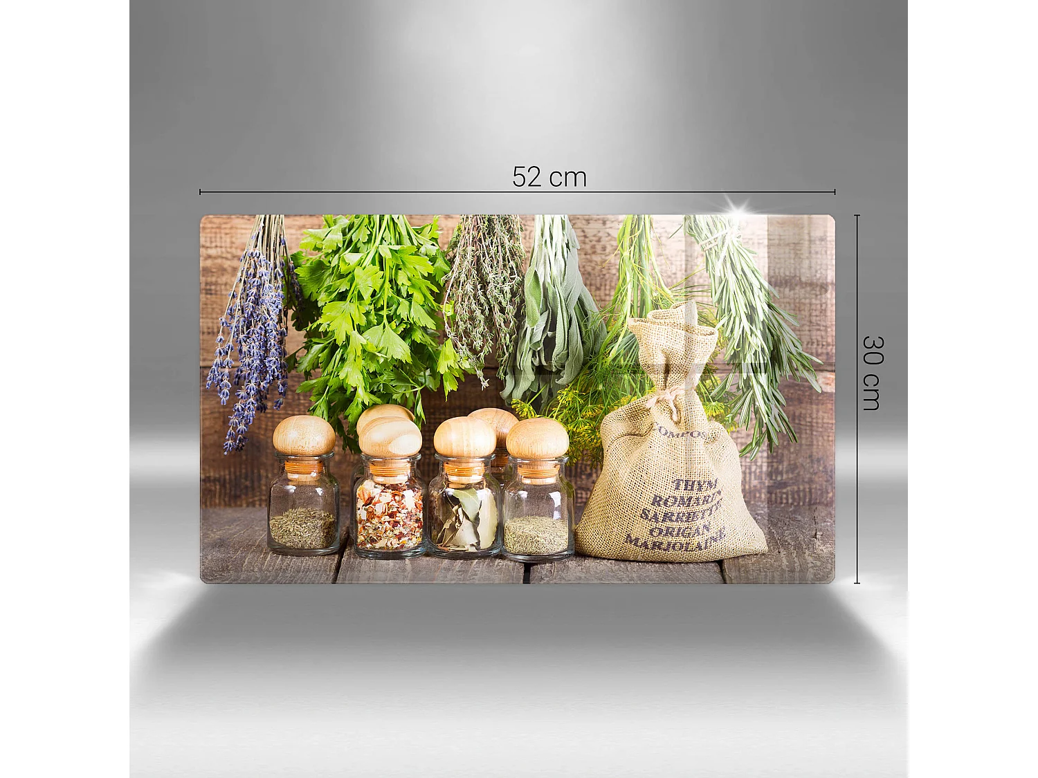 Tagliere da cucina rettangolare in vetro, 52x30 cm Erbe, spezie e legno