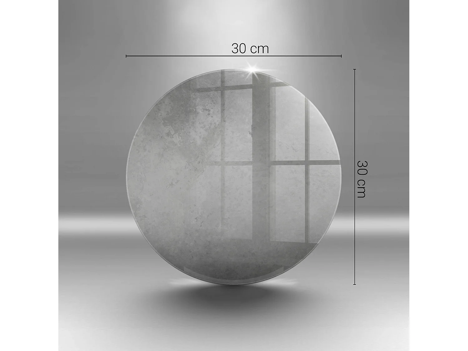 Planche de cuisine ronde en verre, 30 cm, fond texture béton