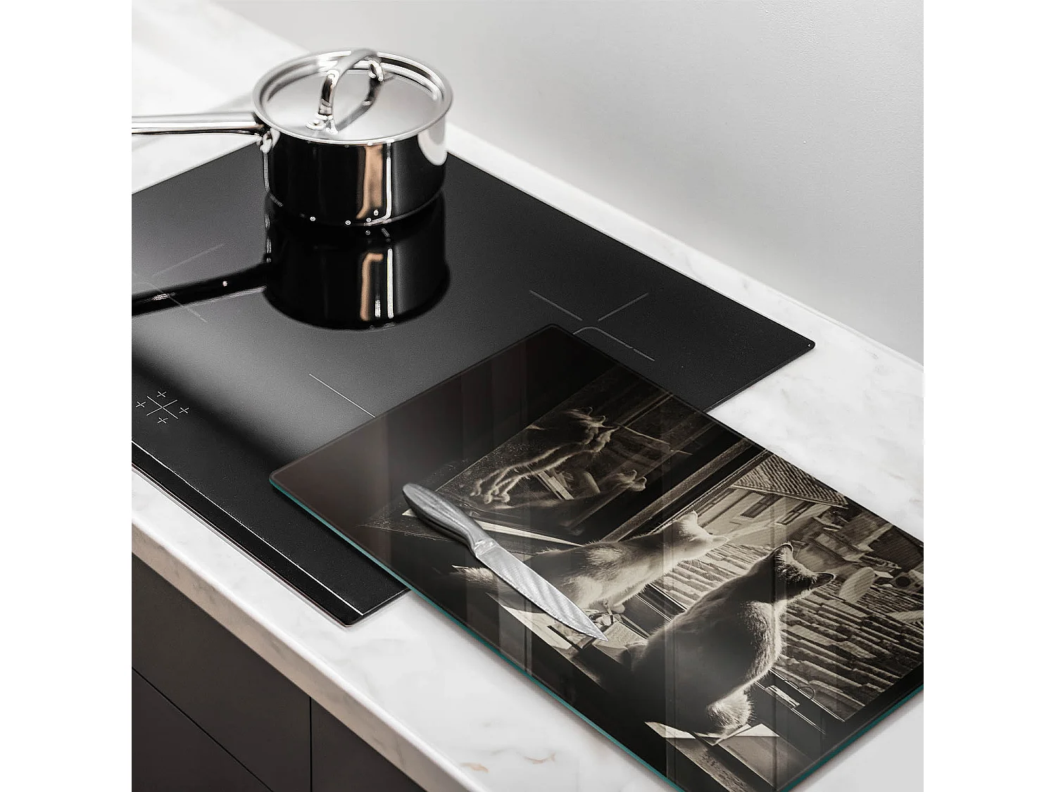 Planche de cuisine rectangulaire en verre, 52x30 cm Chats ville et fenêtre