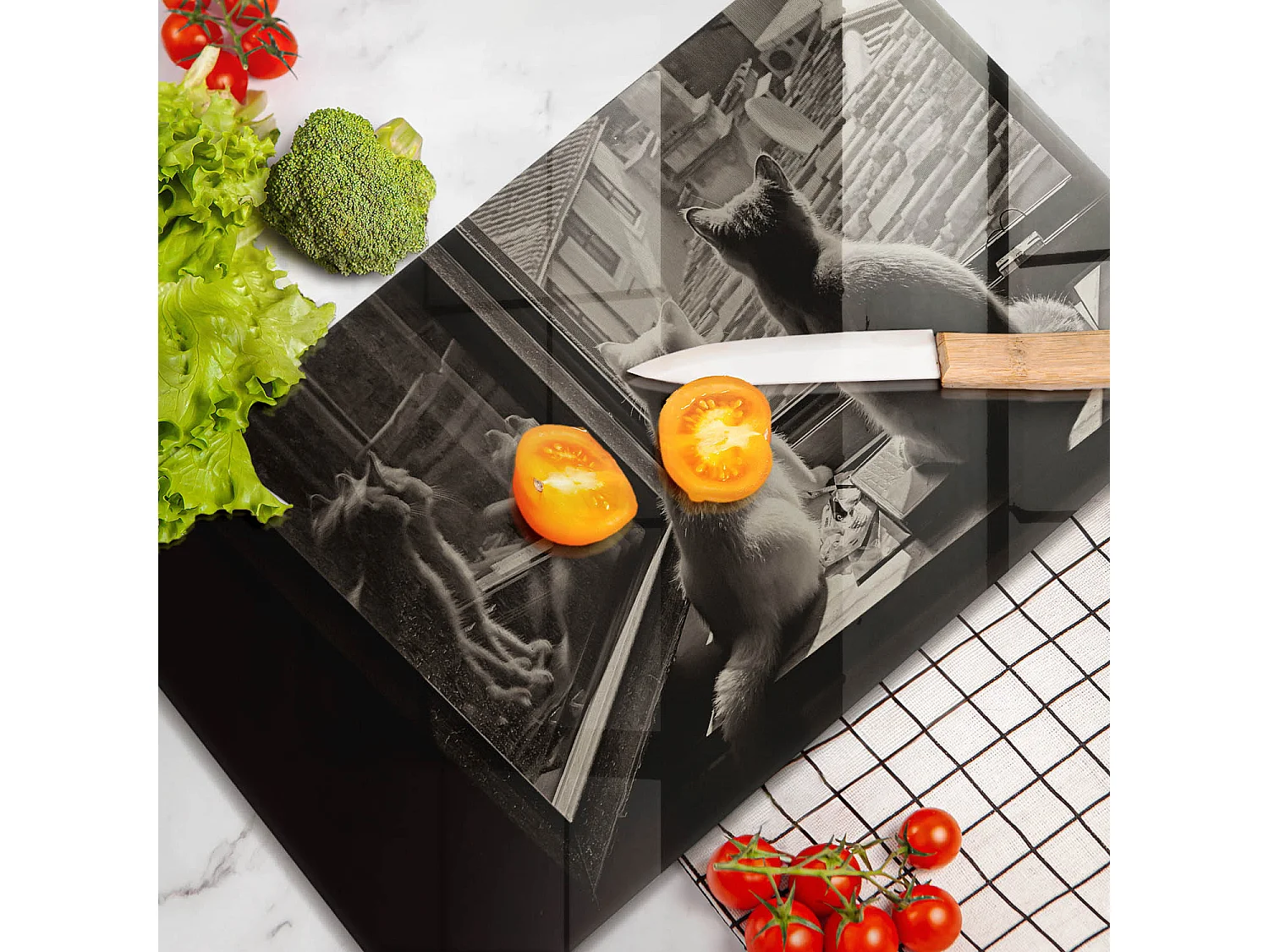 Planche de cuisine rectangulaire en verre, 52x30 cm Chats ville et fenêtre