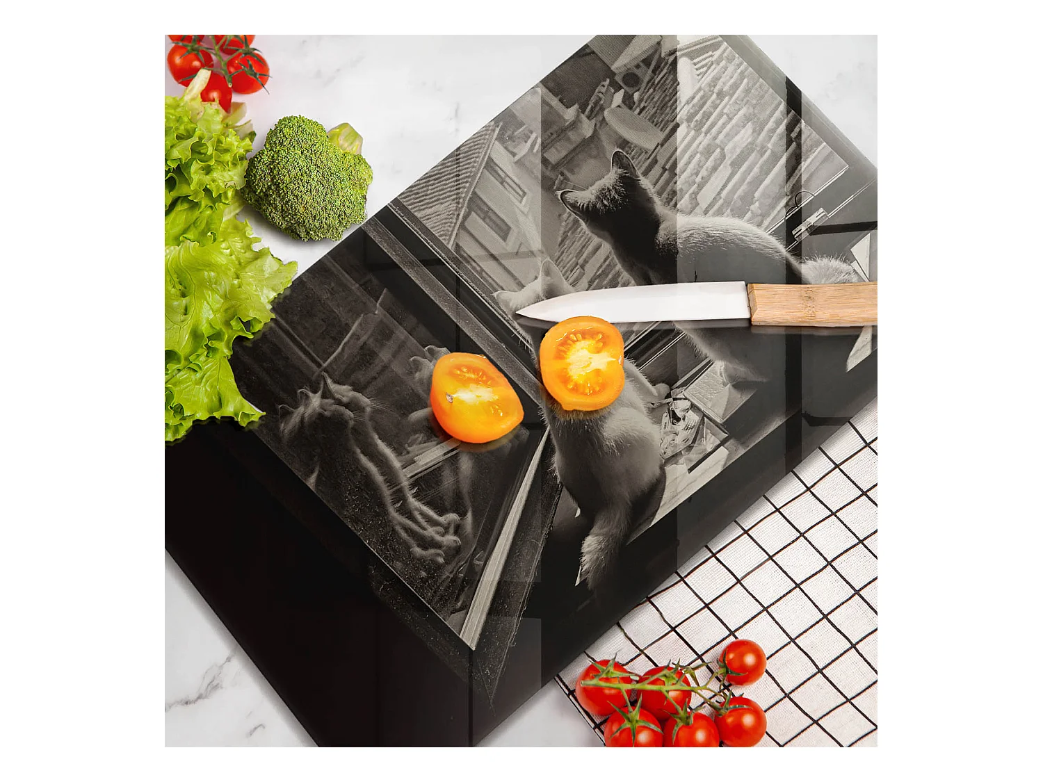Planche de cuisine rectangulaire en verre, 52x30 cm Chats ville et fenêtre