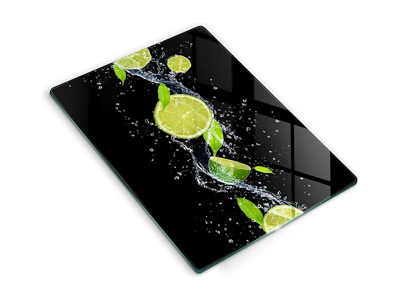 Planche de cuisine rectangulaire en verre, 40x52 cm Citrons verts juteux dans l'eau