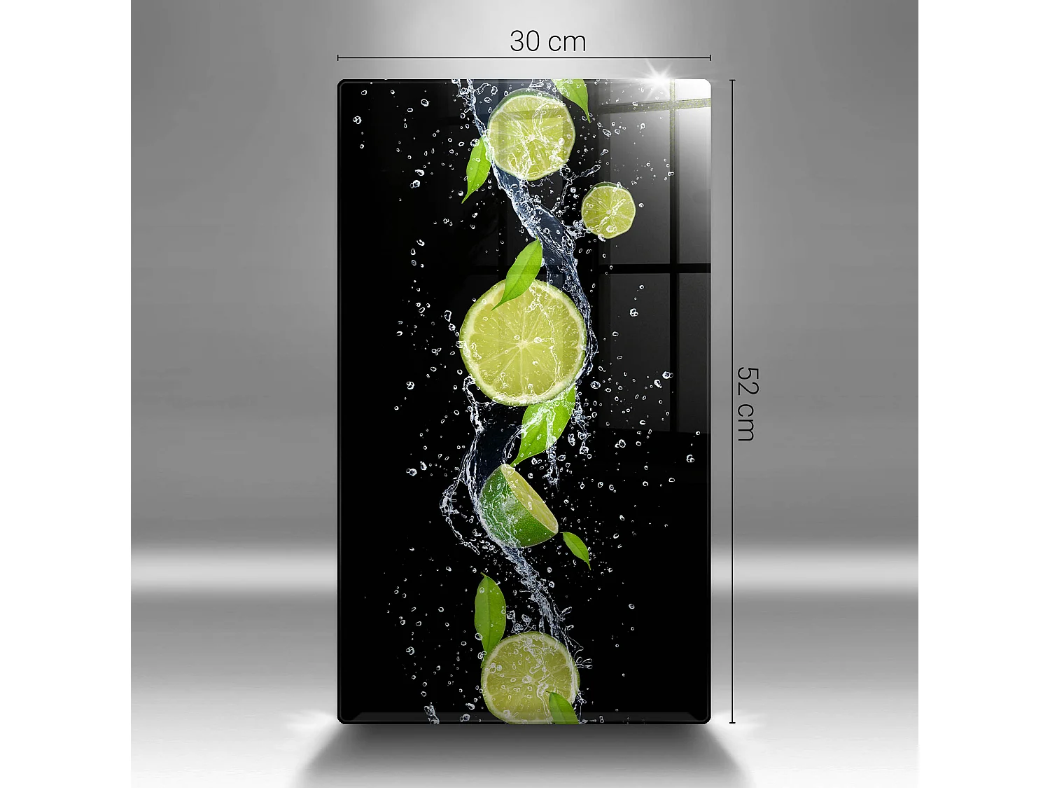 Planche de cuisine rectangulaire en verre, 40x52 cm Citrons verts juteux dans l'eau