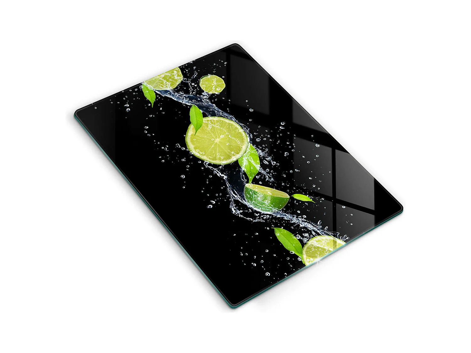 Planche de cuisine rectangulaire en verre, 40x52 cm Citrons verts juteux dans l'eau
