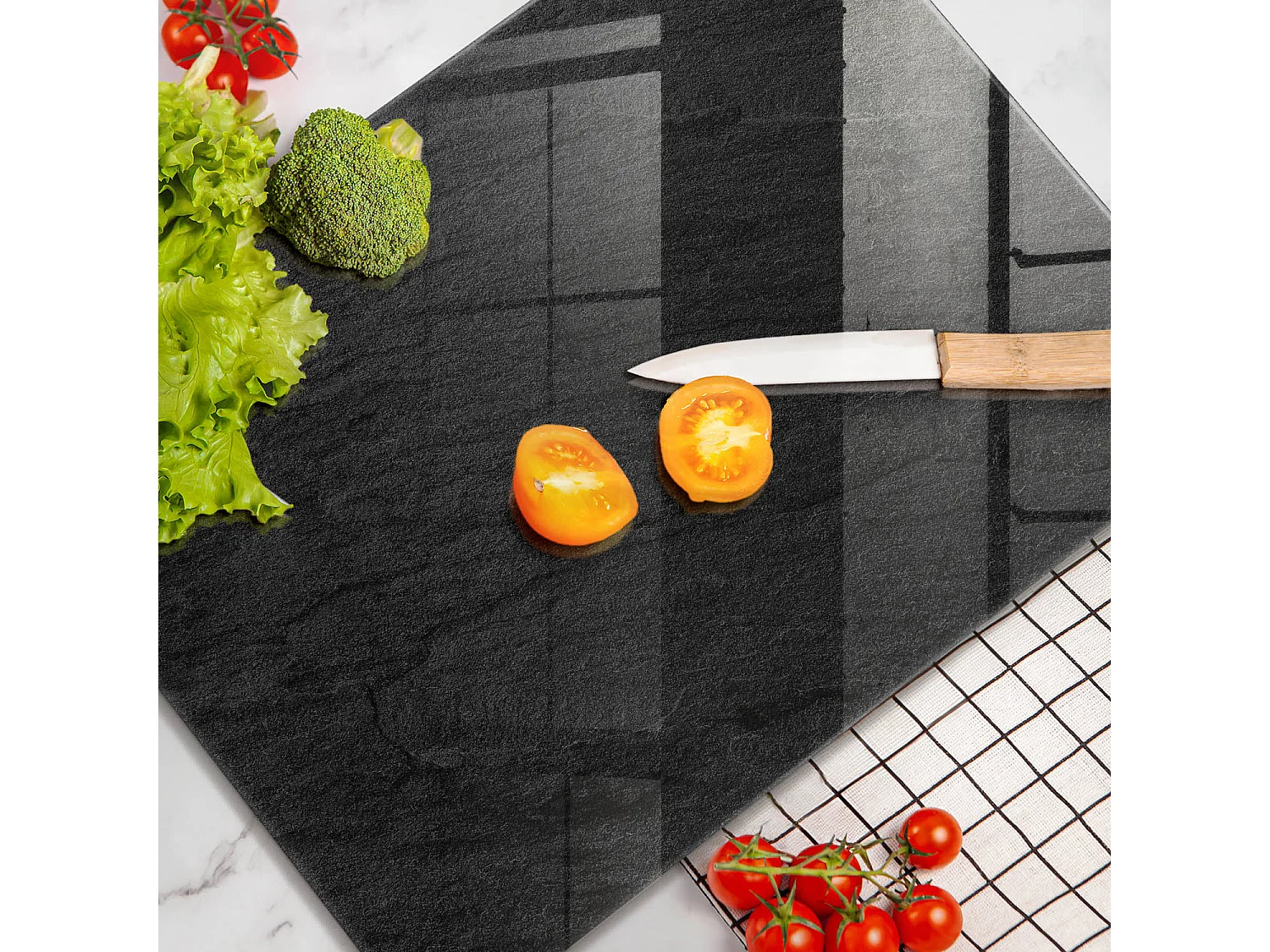 Planche de cuisine rectangulaire en verre, 40x52 cm, texture pierre.