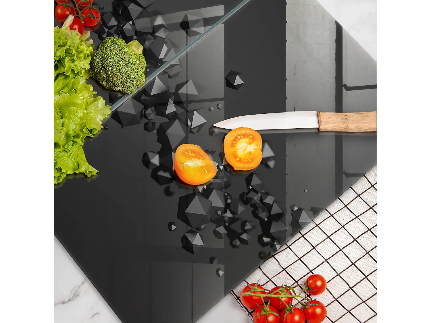 Rechteckiges Küchenbrett aus Glas, 2 Stück 30x52 cm, abstrakte 3D-Formen