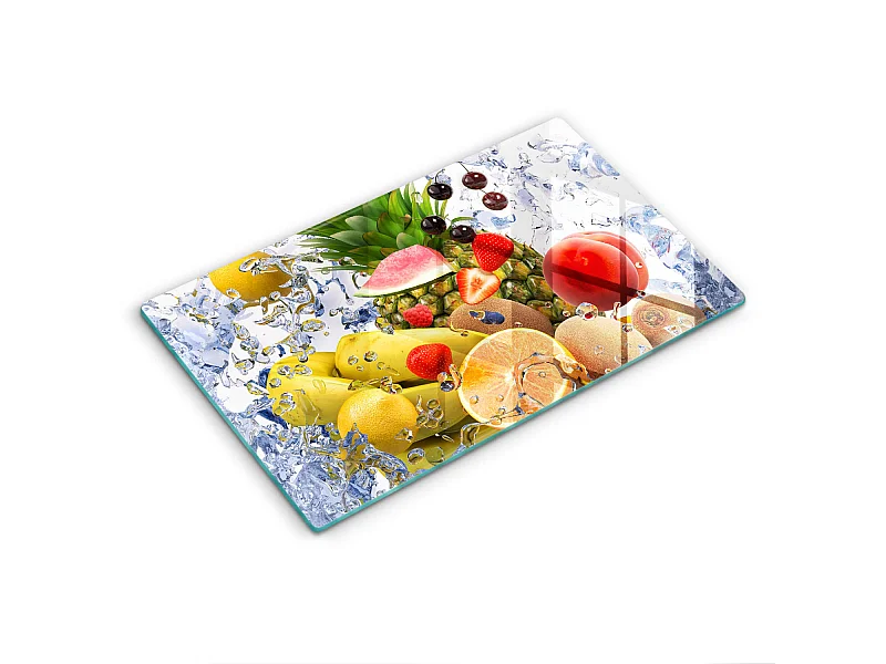 Rechteckiges Küchenbrett aus Glas, 52x30 cm Saftige Früchte und Wasser