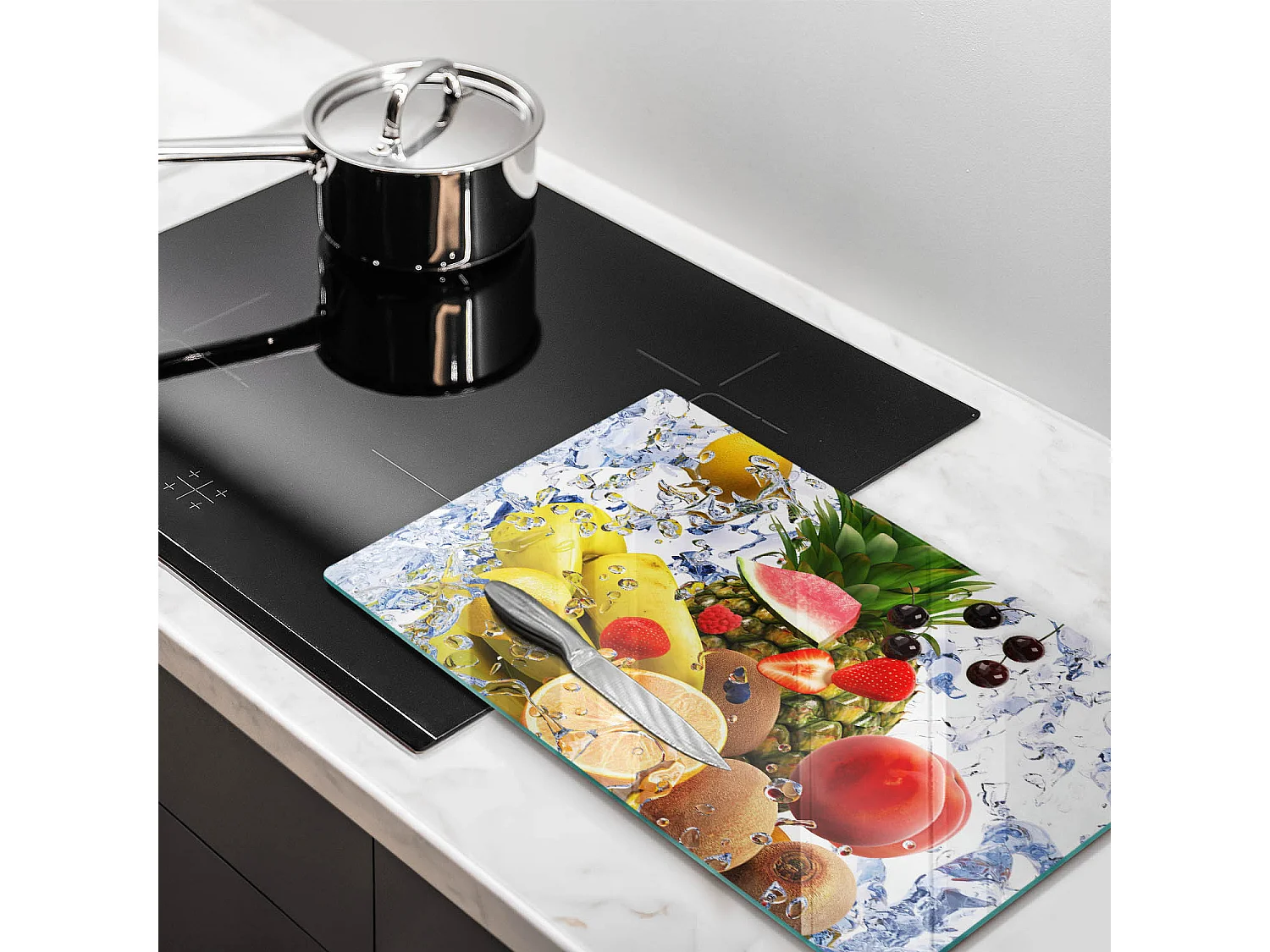 Rechteckiges Küchenbrett aus Glas, 52x30 cm Saftige Früchte und Wasser